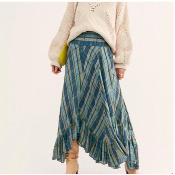 Free People Dresses & Skirts - Free People Gabrielle Blue Plaid Ruffle Hem Maxi Skirt NWT Size L Boho